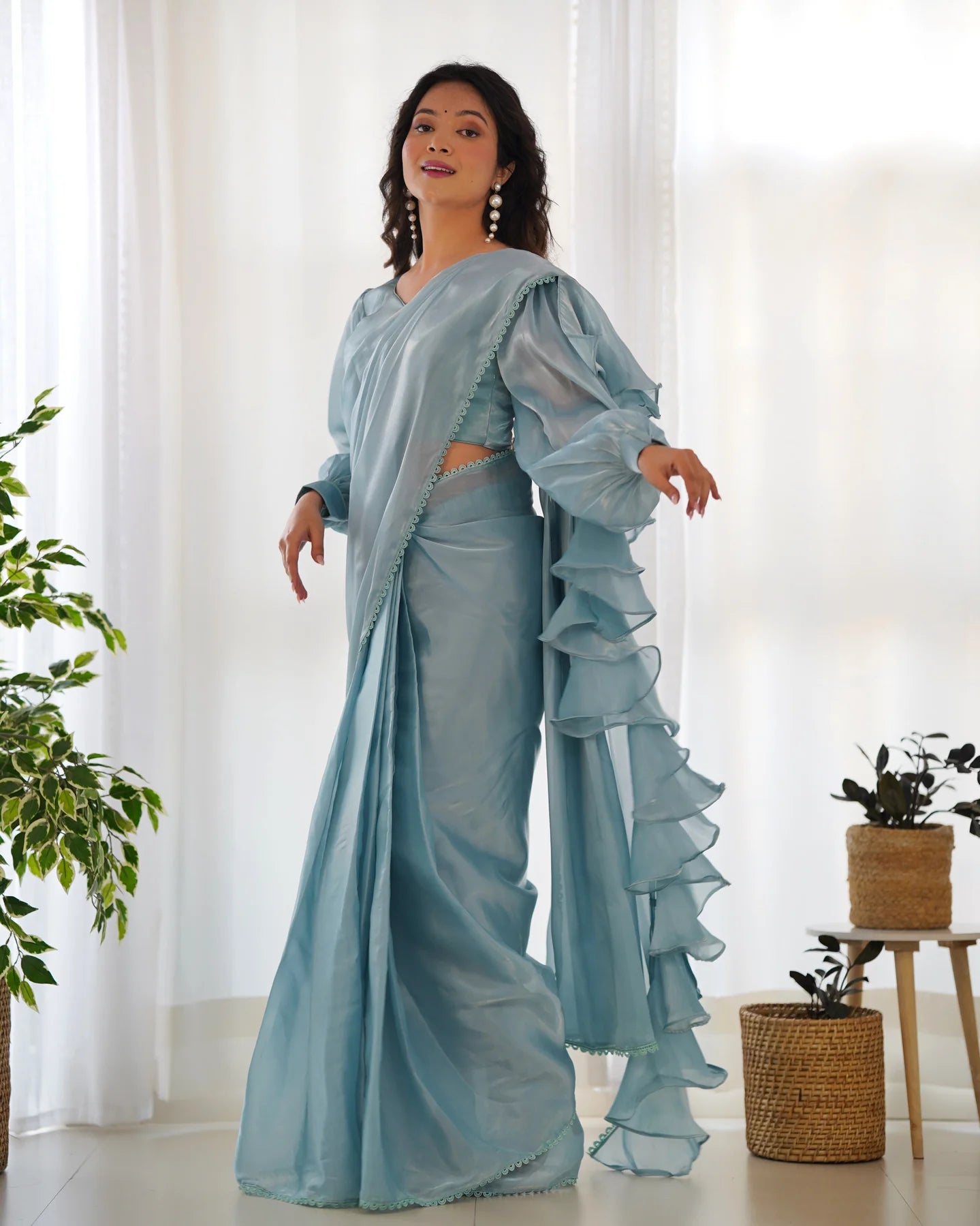 Sky Blue Ready-to-Wear Jimmy Choo Saree with Designer Gloss Finish