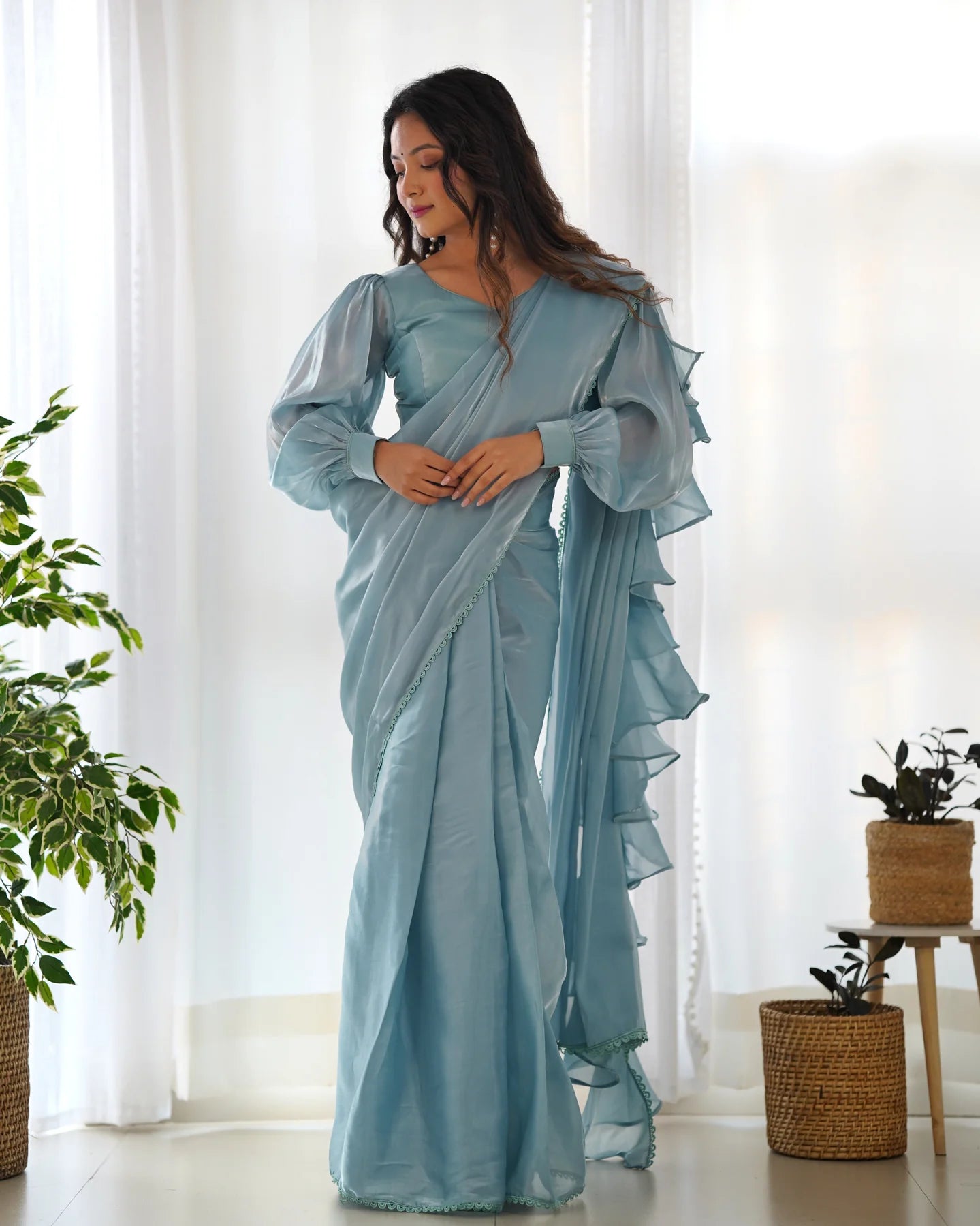Sky Blue Ready-to-Wear Jimmy Choo Saree with Designer Gloss Finish
