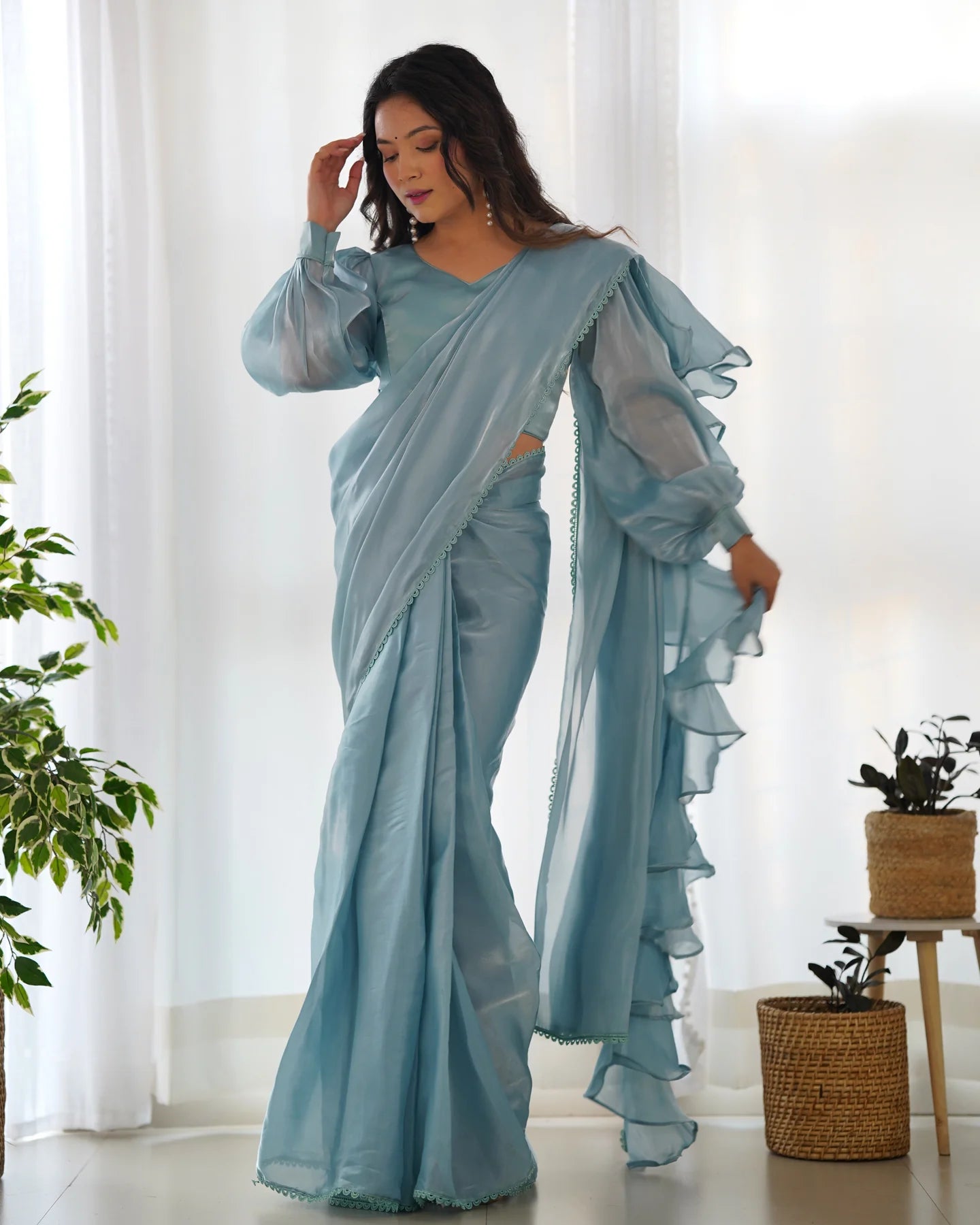 Sky Blue Ready-to-Wear Jimmy Choo Saree with Designer Gloss Finish