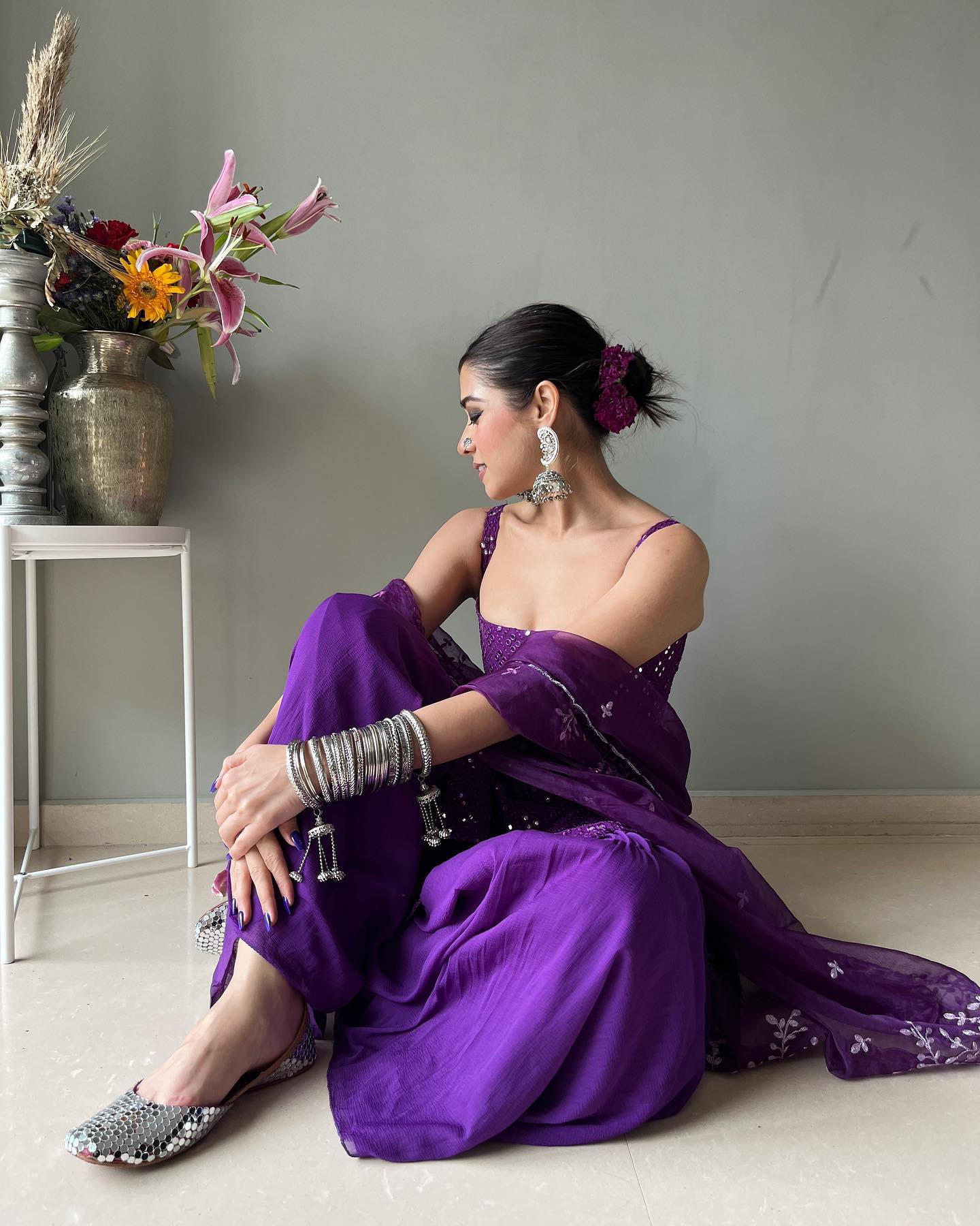 Designer Purple Embroidered Sharara Suit Set with Kurta and Dupatta