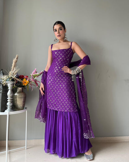 Designer Purple Embroidered Sharara Suit Set with Kurta and Dupatta
