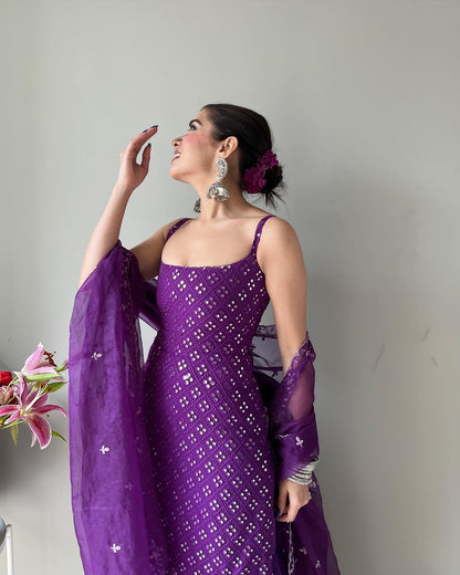 Designer Purple Embroidered Sharara Suit Set with Kurta and Dupatta