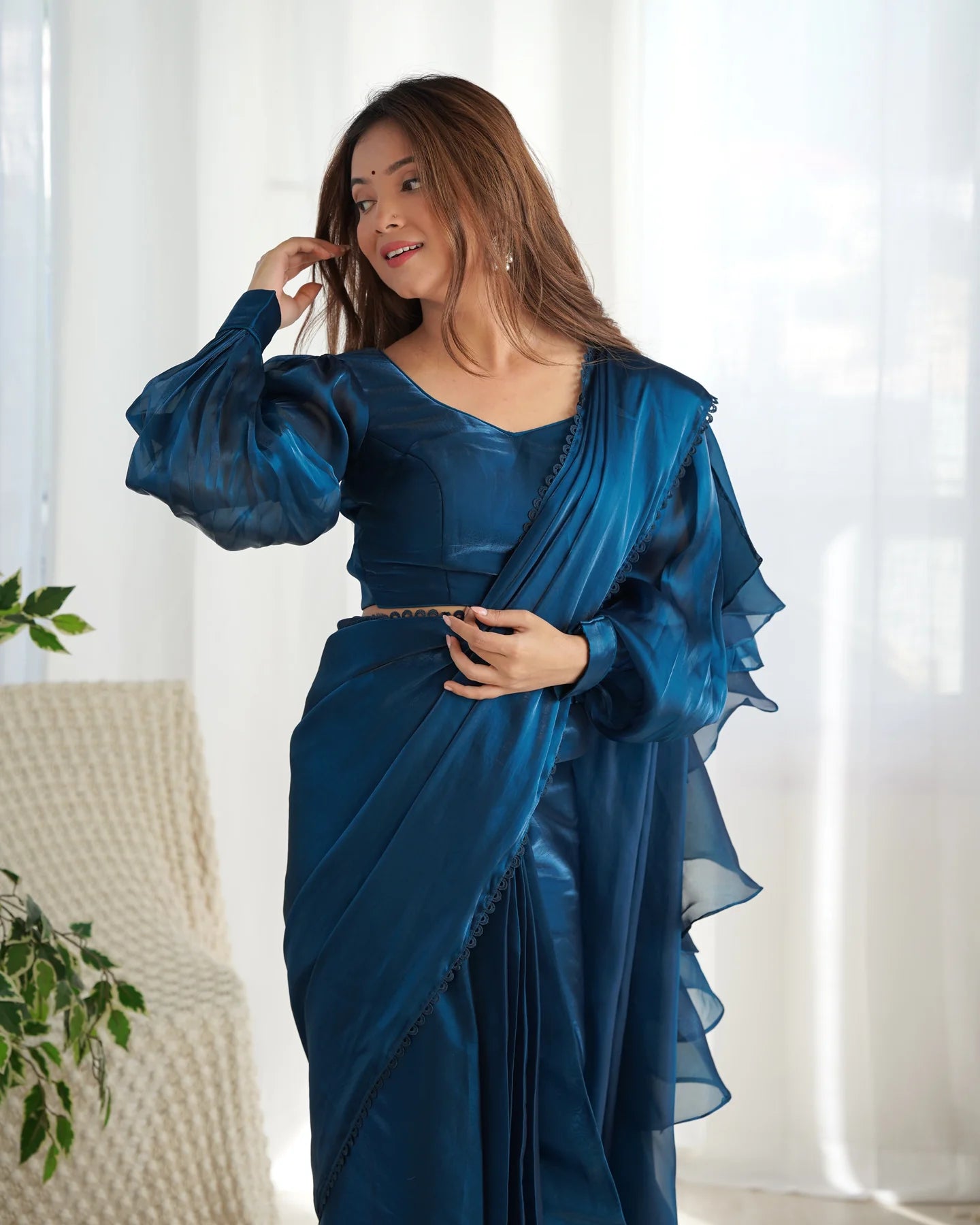 Teal Blue Ready-to-Wear Jimmy Choo Saree with Luxe Designer Finish