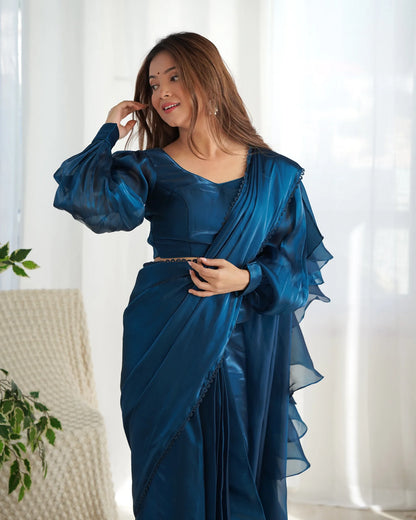 Teal Blue Ready-to-Wear Jimmy Choo Saree with Luxe Designer Finish