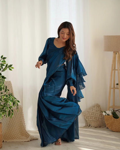Teal Blue Ready-to-Wear Jimmy Choo Saree with Luxe Designer Finish