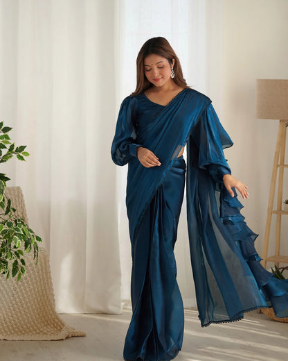 Teal Blue Ready-to-Wear Jimmy Choo Saree with Luxe Designer Finish