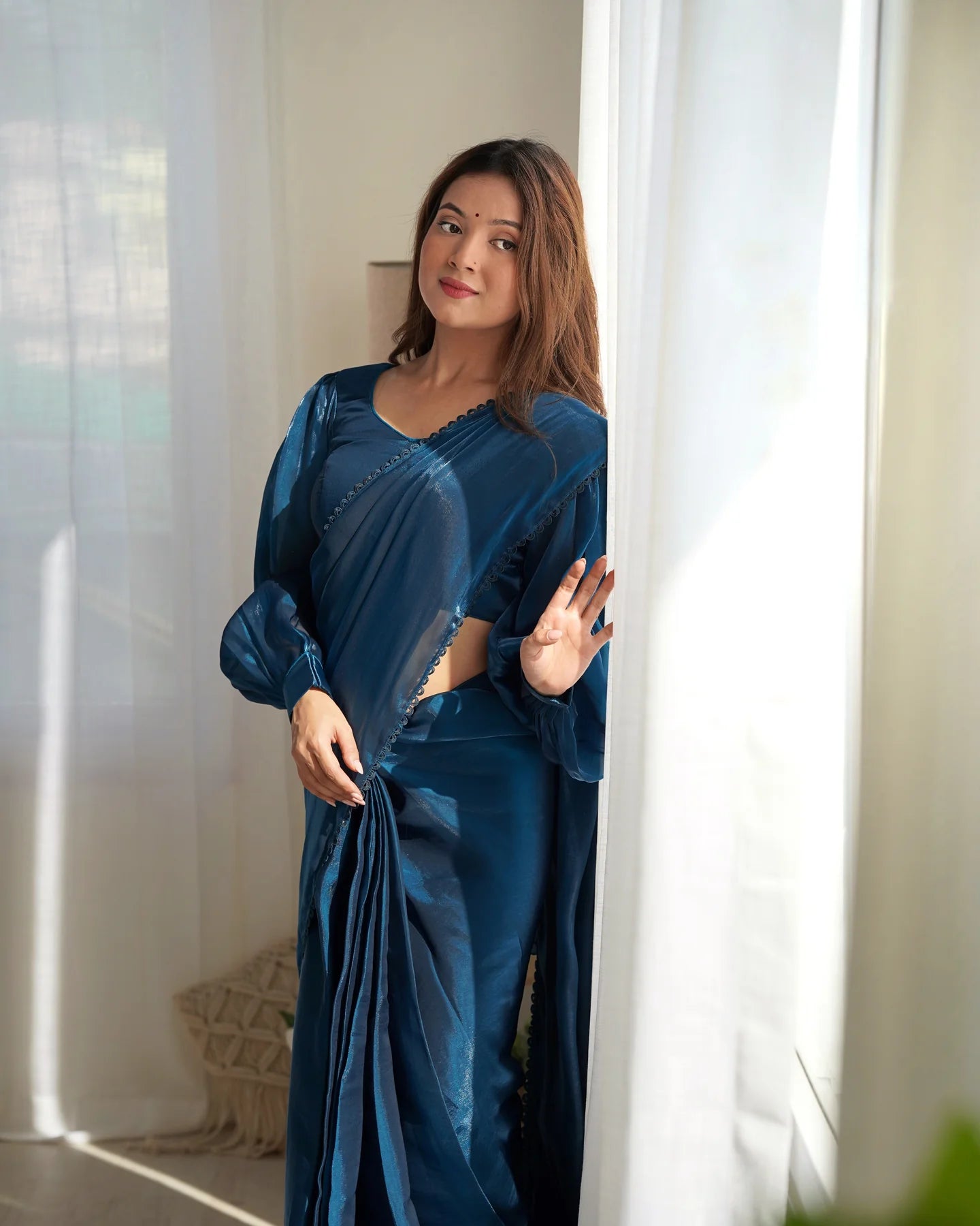 Teal Blue Ready-to-Wear Jimmy Choo Saree with Luxe Designer Finish