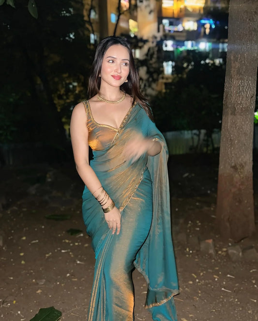 Teal Blue Shimmer Tissue Saree with Lightweight Graceful Drape