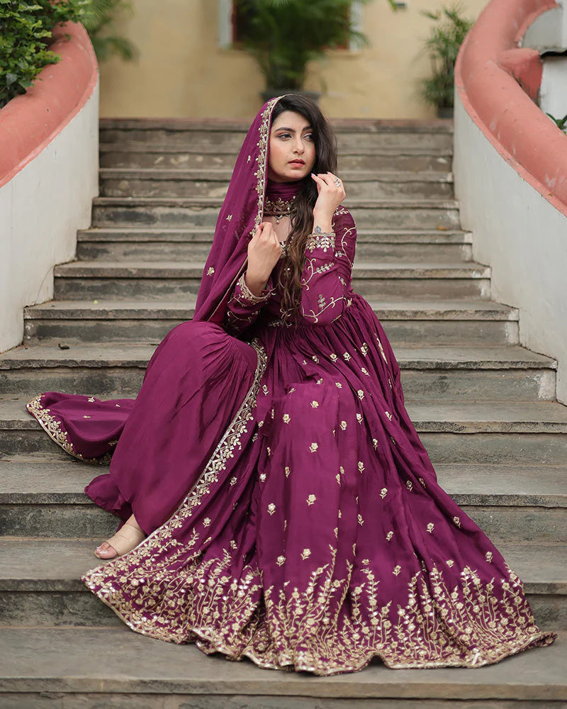 Wine Color Designer Embroidered Three-Piece Sharara Suit with Dupatta