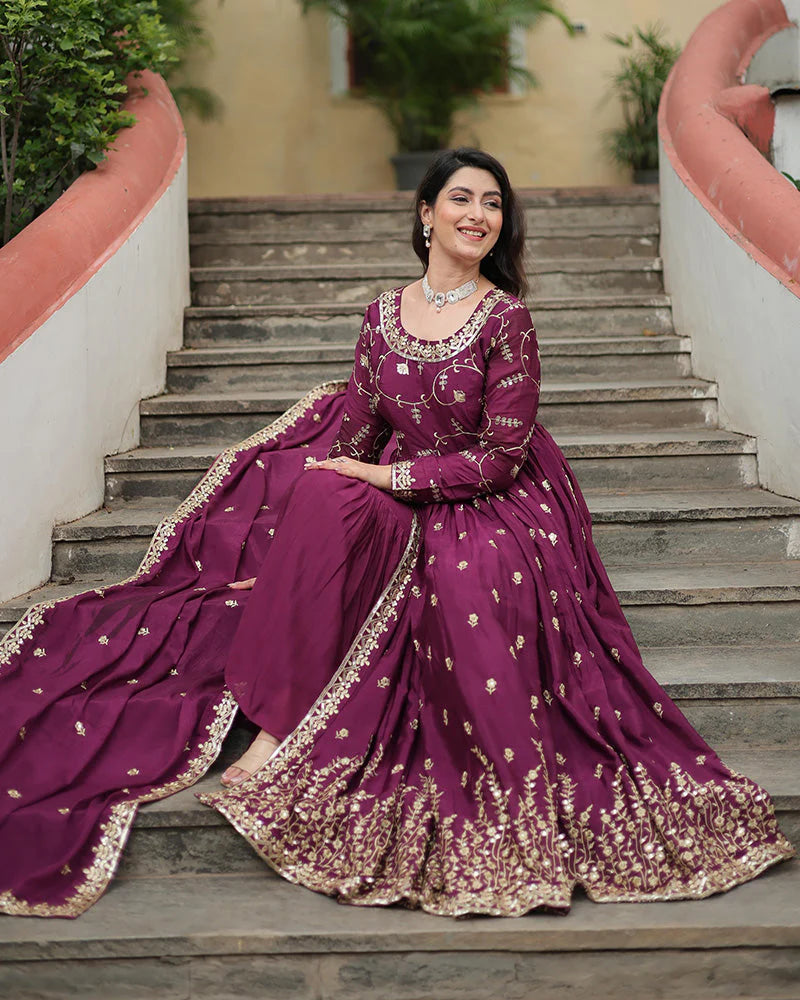 Wine Color Designer Embroidered Three-Piece Sharara Suit with Dupatta