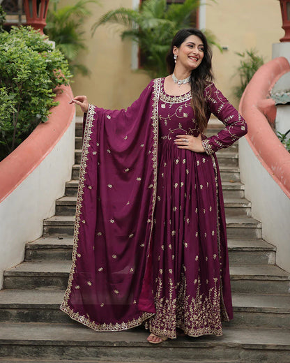 Wine Color Designer Embroidered Three-Piece Sharara Suit with Dupatta