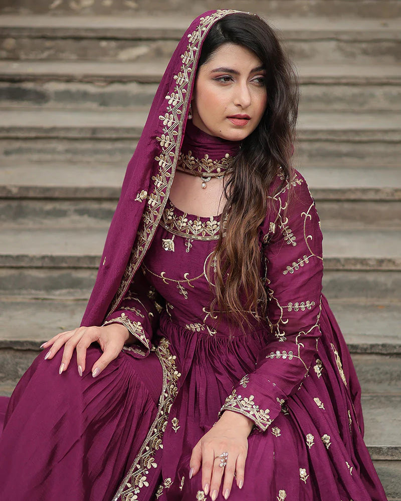 Wine Color Designer Embroidered Three-Piece Sharara Suit with Dupatta