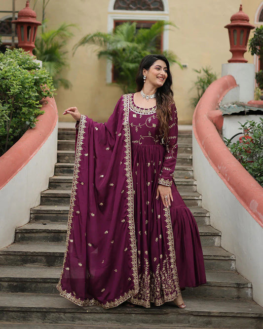 Wine Color Designer Embroidered Three-Piece Sharara Suit with Dupatta