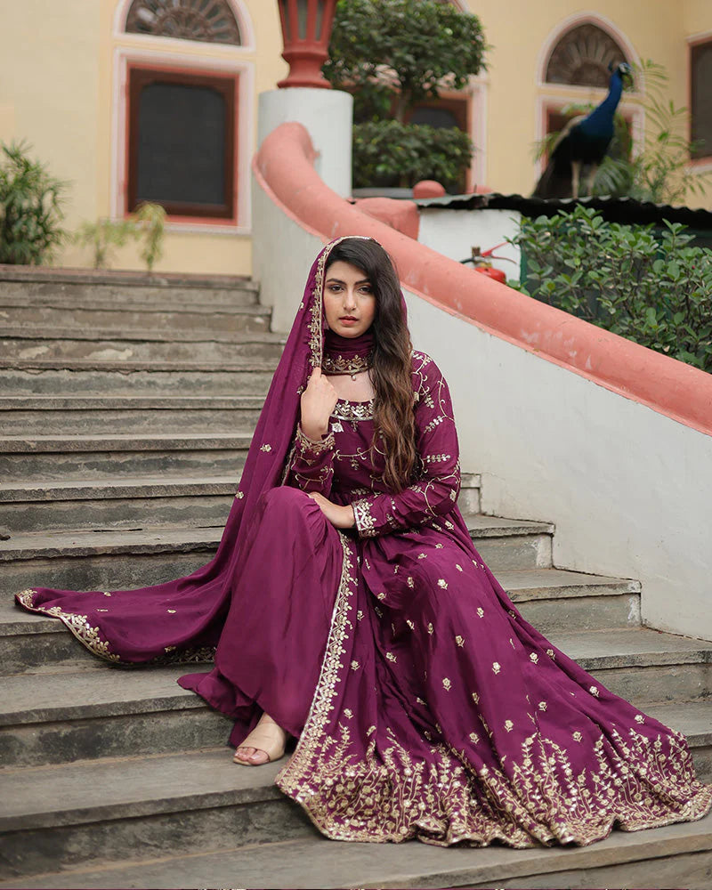 Wine Color Designer Embroidered Three-Piece Sharara Suit with Dupatta