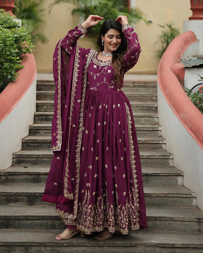 Wine Color Designer Embroidered Three-Piece Sharara Suit with Dupatta